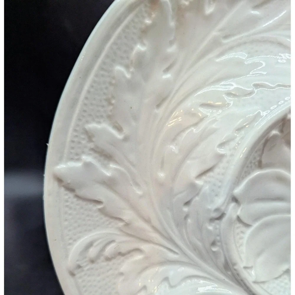 Set Of 4 P.V. France White Majolica Artichoke Plates Embossed Floral Design 9